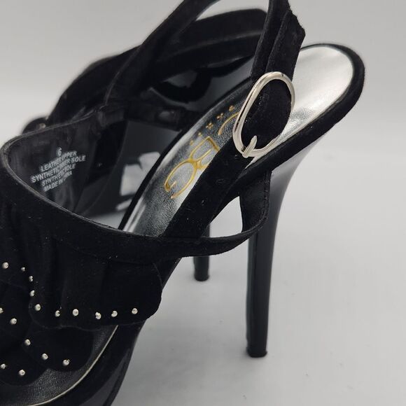 BCBG Paris Black leather upper ruffle metal silver studs Ankle strap stilettos - Picture 6 of 8